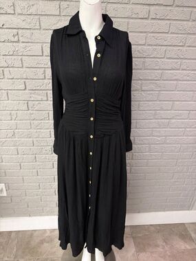 Modesees Women's Black Crinkled Cotton Long Sleeve Shirt Dress Size S